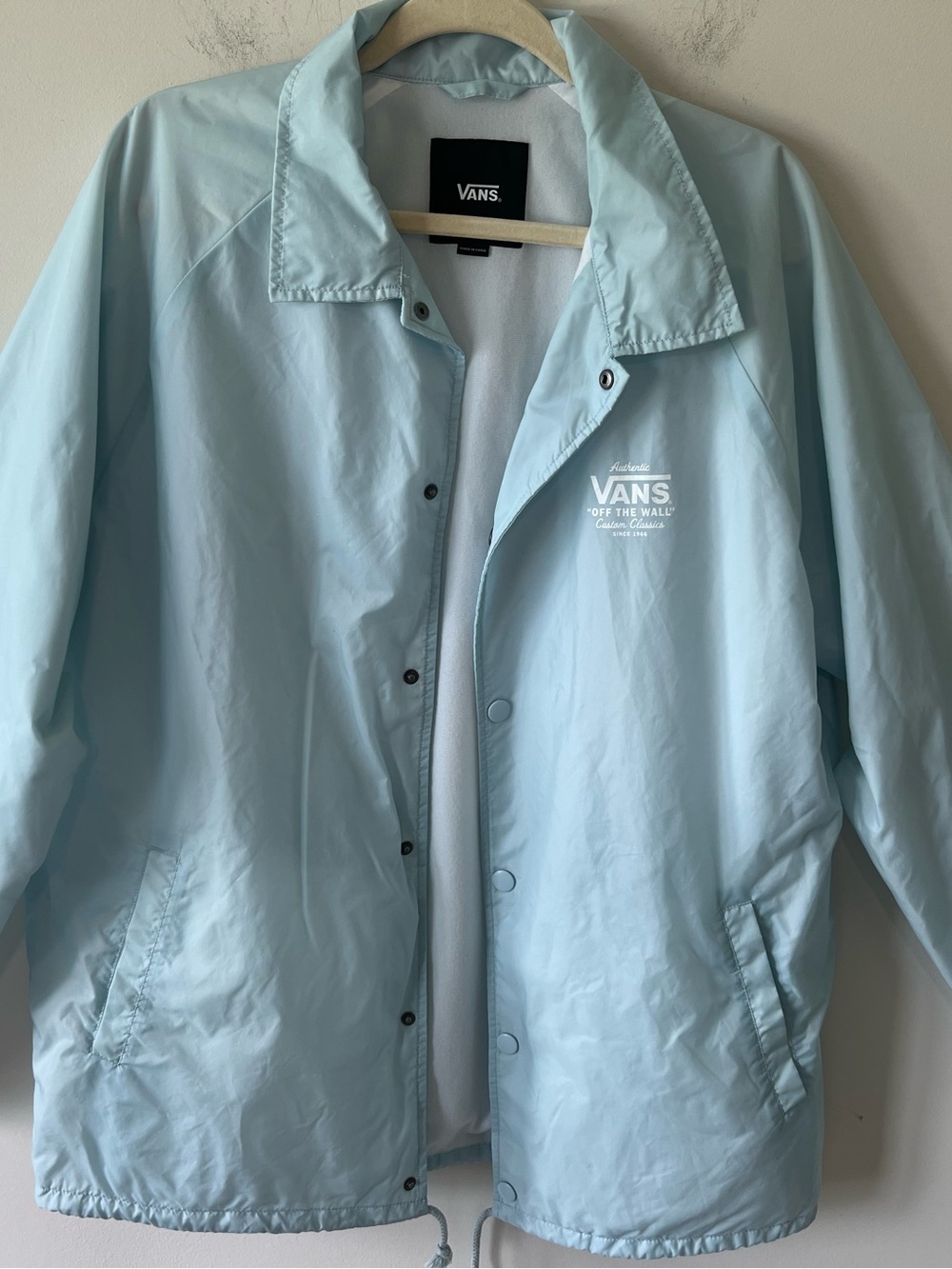 Vans Torrey nylon coach jacket with white chest branding in pale blue